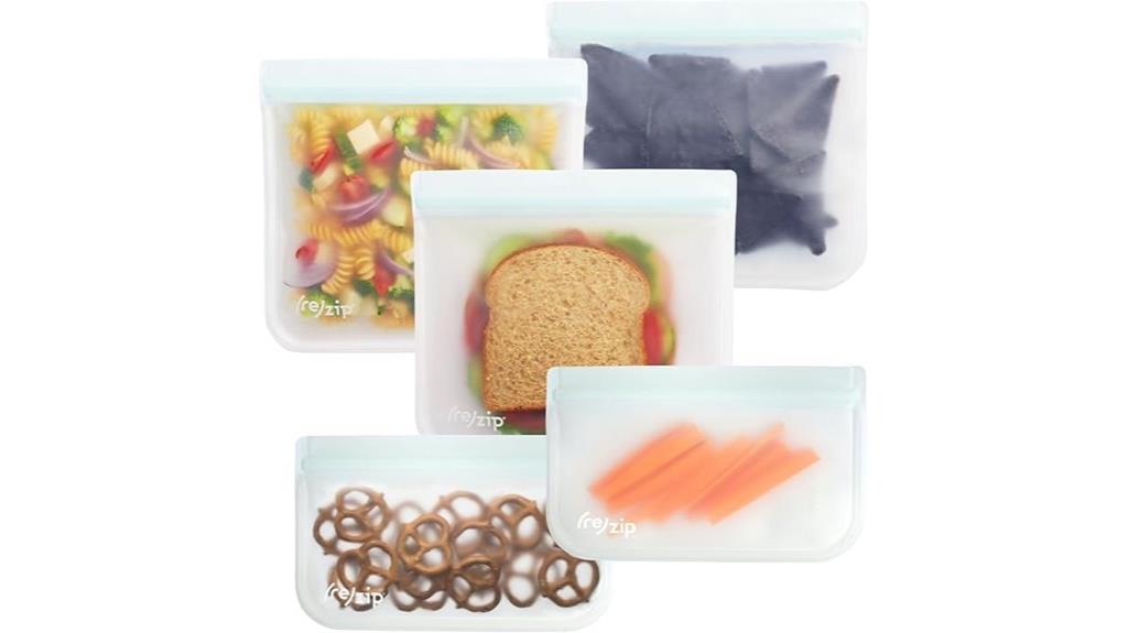 five flat reusable food bags